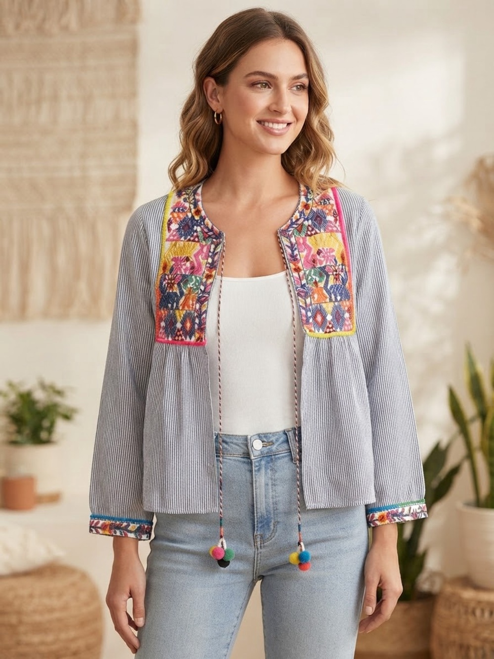 Loverly Blue & White Stripe Embroidered Pom Pom Boho Jacket Top Size S (P)